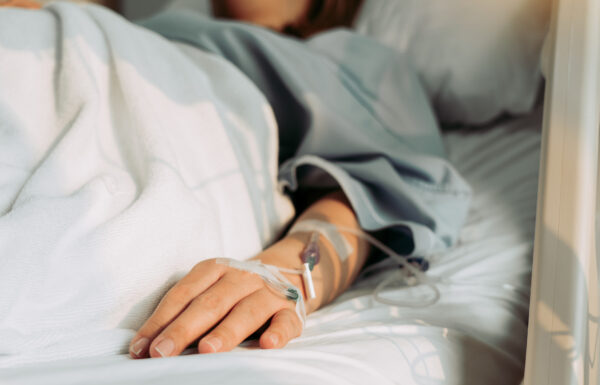 Close up of a patient's hand with a cannula